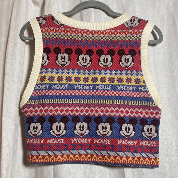 Zara Disney Mickey Mouse Knit Sweater Vest Multi-Color Jacquard Crop L Festival - Picture 2 of 5